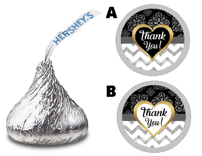 Party Favors Black Gray White Silver and Gold Chevron Brocade Hershey Kiss Kisses Labels Stickers Birthday Wedding Bridal Baby Shower Graduation   Supplies Favors