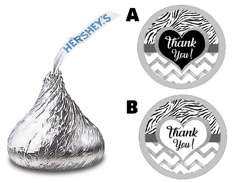 Party Favors Black Gray Silver and White Zebra Print Chevron Hershey Kiss Kisses Labels Stickers Birthday Wedding Bridal Baby Shower Graduation   Supplies Favors