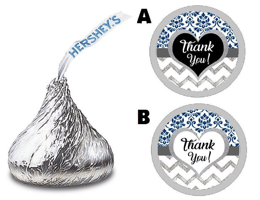 Party Favors Navy Blue Black Gray Silver and White Chevron Damask Hershey Kiss Kisses Labels Stickers Birthday Wedding Bridal Baby Shower Graduation   Supplies Favors