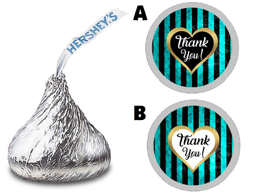 Party Favors Blue Black White and Gold Aqua Turquoise Teal Striped Stripes Hershey Kiss Kisses Labels Stickers Birthday Wedding Bridal Baby Shower Graduation   Supplies Favors