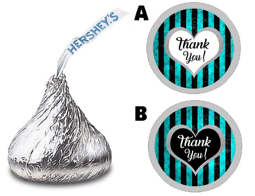 Party Favors Blue Black White and Silver Aqua Turquoise Teal Striped Stripes Hershey Kiss Kisses Labels Stickers Birthday Wedding Bridal Baby Shower Graduation   Supplies Favors