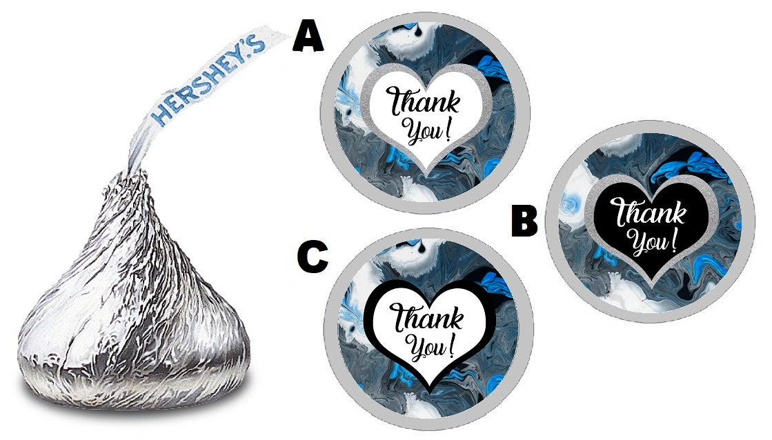 Party Favors Blue Black White Gray and Silver Marble Print Hershey Kiss Kisses Labels Stickers Birthday Wedding Bridal Baby Shower Graduation   Supplies Favors